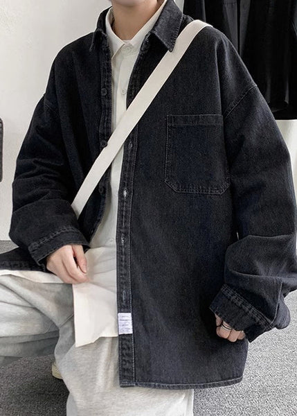 Button Pan Spring Shirts Collar Loose Men Denim Peter Black FashionChic