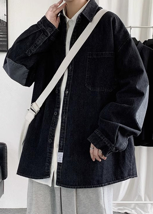 Button Pan Spring Shirts Collar Loose Men Denim Peter Black FashionChic