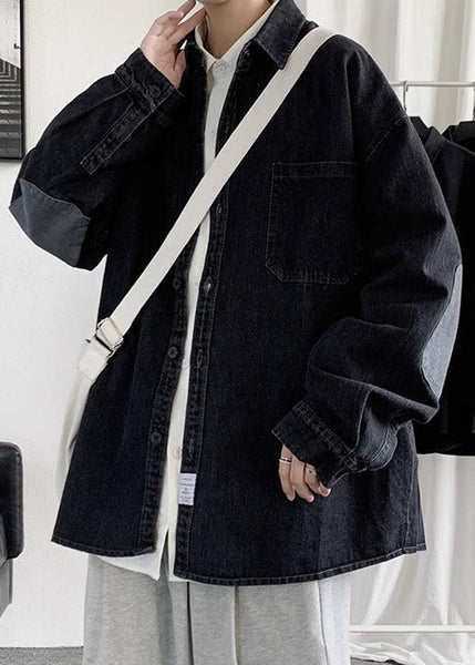 Button Pan Spring Shirts Collar Loose Men Denim Peter Black FashionChic