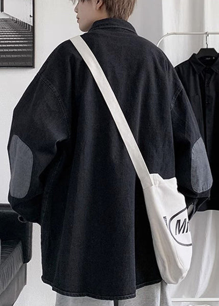 Button Pan Spring Shirts Collar Loose Men Denim Peter Black FashionChic