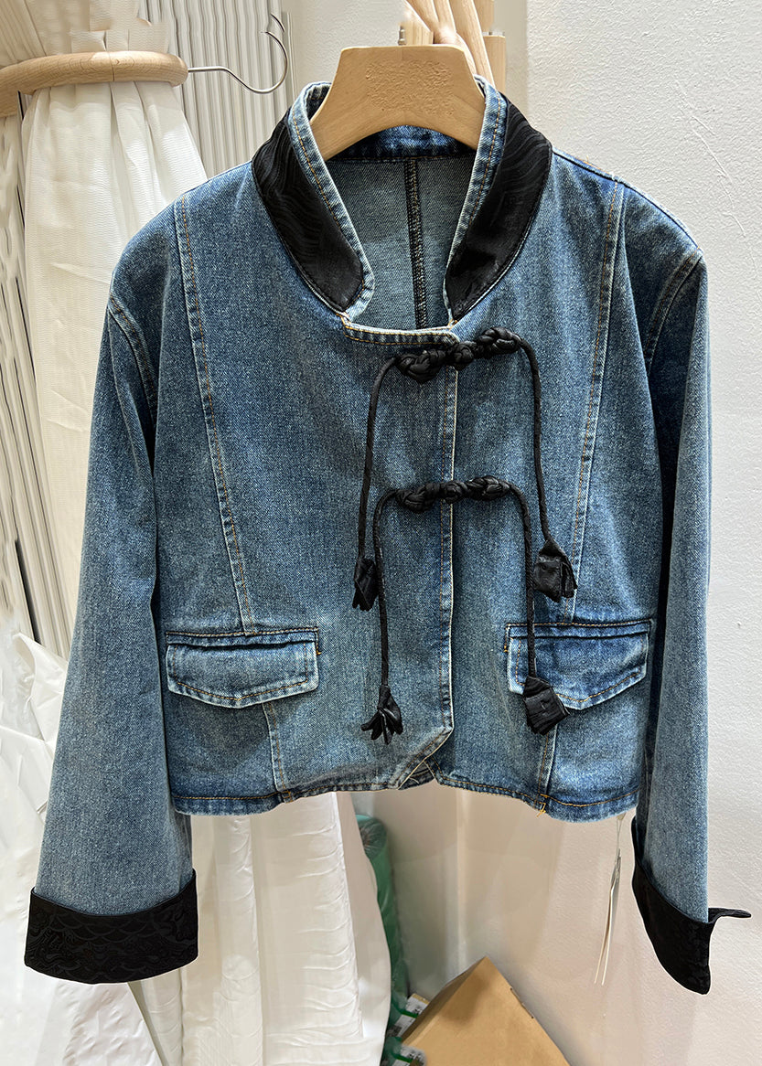 Black Button Patchwork Denim Coats Stand Collar Long Sleeve Ada Fashion