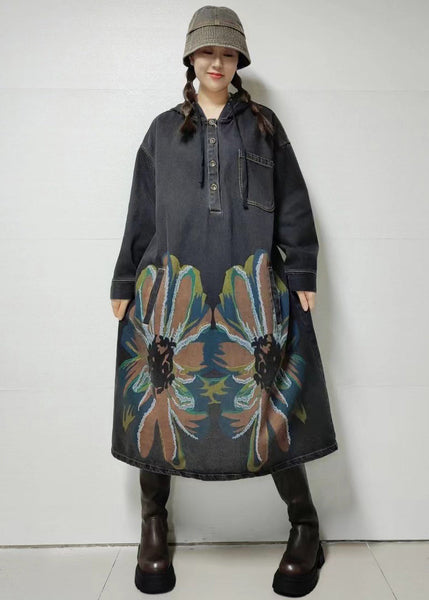 Black Button Pockets Denim Dress Hooded Fall MN033 MMDM-FDL240704