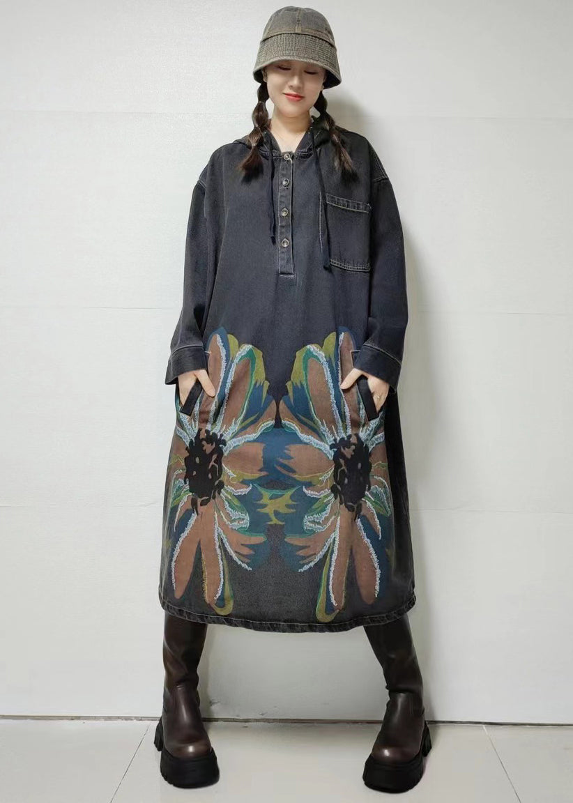Black Button Pockets Denim Dress Hooded Fall MN033 MMDM-FDL240704