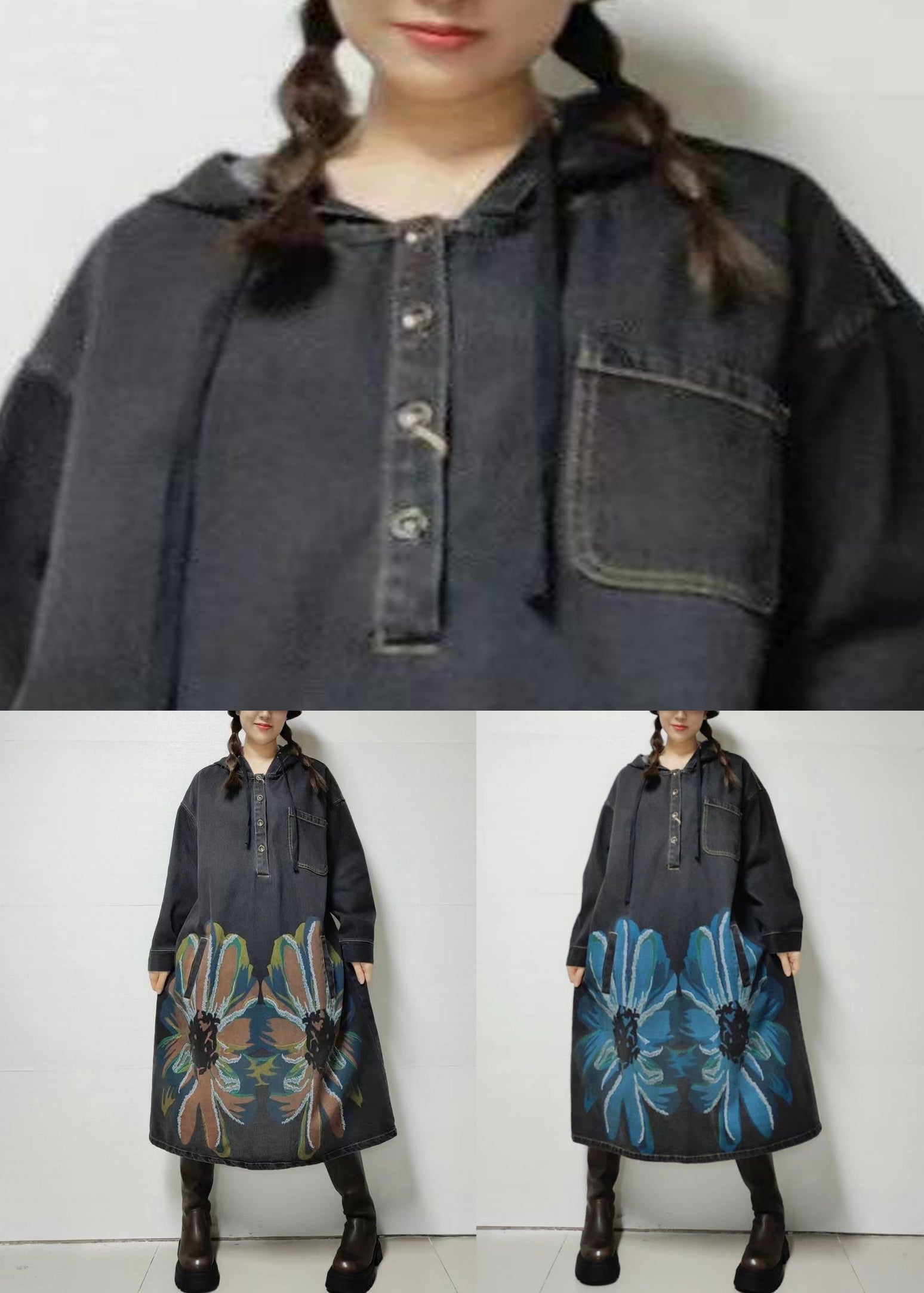Black Button Pockets Denim Dress Hooded Fall MN033 MMDM-FDL240704