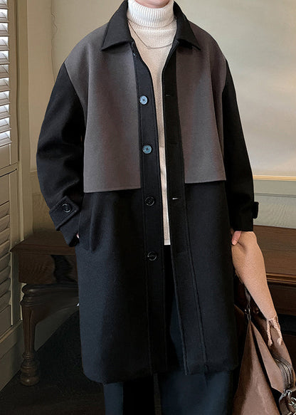 Black Button Pockets Patchwork Woolen Men Coat Peter Pan Collar Winter RO050 ABC