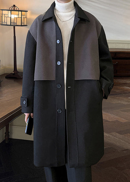 Black Button Pockets Patchwork Woolen Men Coat Peter Pan Collar Winter RO050 ABC