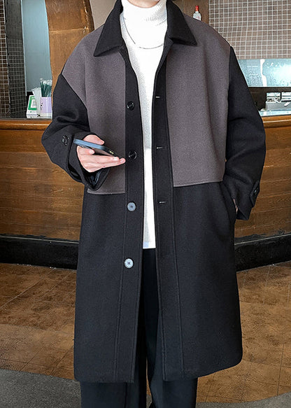 Black Button Pockets Patchwork Woolen Men Coat Peter Pan Collar Winter RO050 ABC