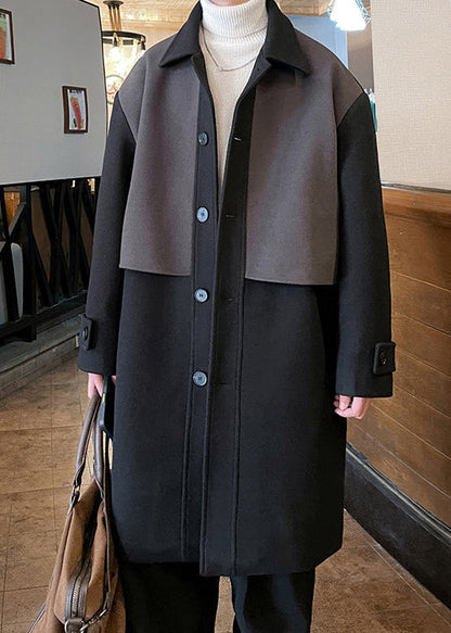 Black Button Pockets Patchwork Woolen Men Coat Peter Pan Collar Winter RO050 ABC