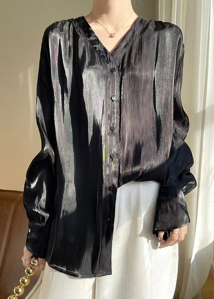 Black Button Silk Blouses V Neck Long Sleeve AB1018 Genistyle Shop