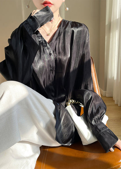 Black Button Silk Blouses V Neck Long Sleeve AB1018 Genistyle Shop