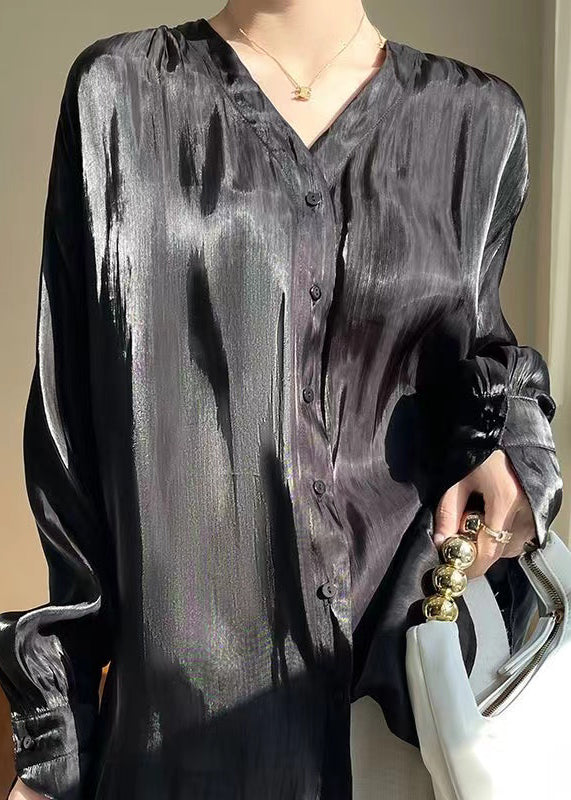 Black Button Silk Blouses V Neck Long Sleeve AB1018 Genistyle Shop