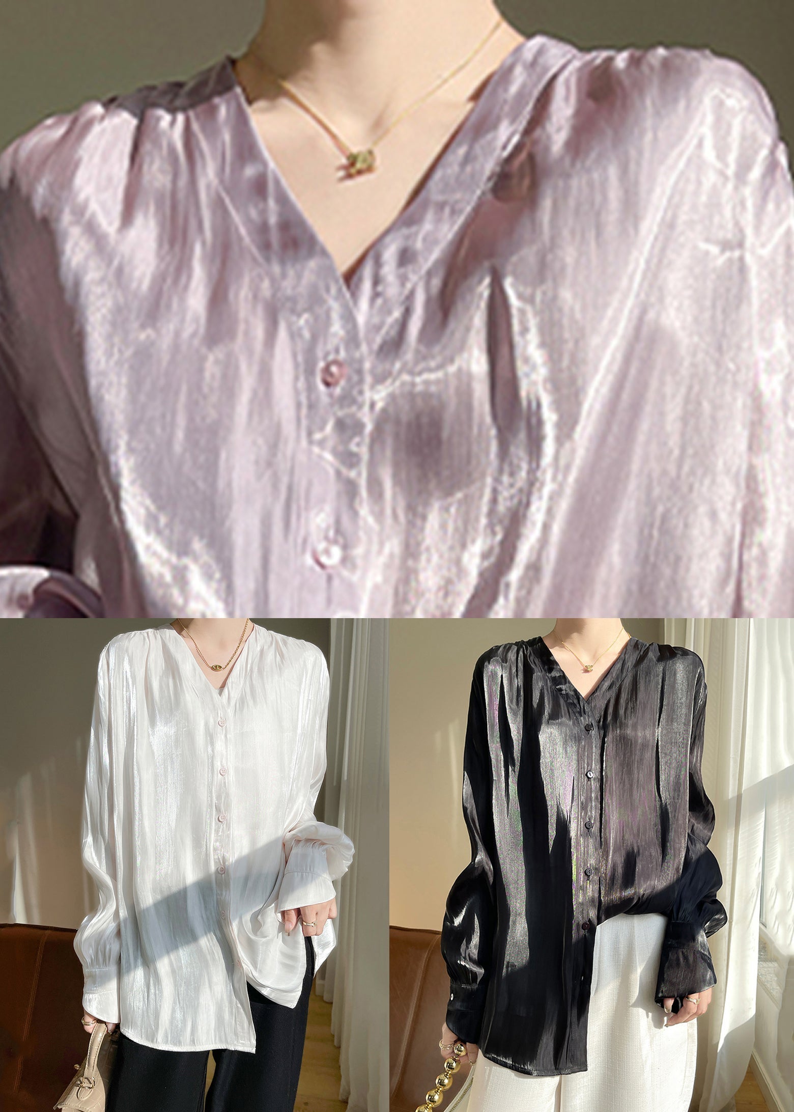 Black Button Silk Blouses V Neck Long Sleeve AB1018 Genistyle Shop