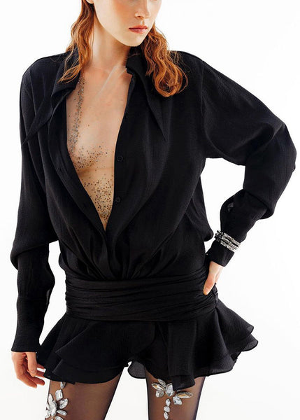 Black Pan Spring Chiffon Button Mini Solid Peter Dresses Collar FashionChic