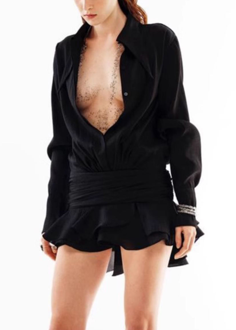 Black Pan Spring Chiffon Button Mini Solid Peter Dresses Collar FashionChic