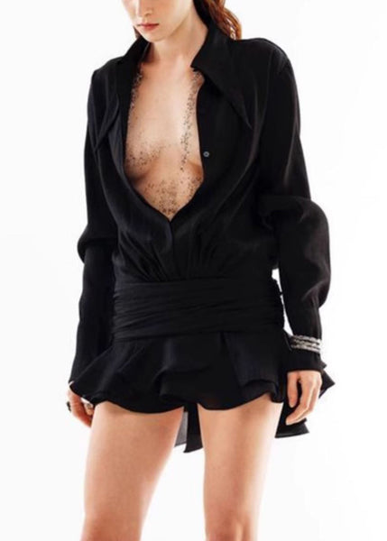 Black Pan Spring Chiffon Button Mini Solid Peter Dresses Collar FashionChic