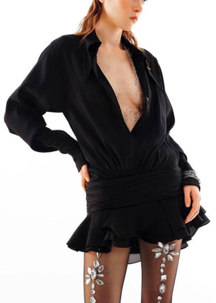 Black Pan Spring Chiffon Button Mini Solid Peter Dresses Collar FashionChic