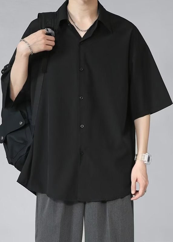 Black Half Silk Pan Ice Shirt Mens Collar Solid Peter Button FashionChic