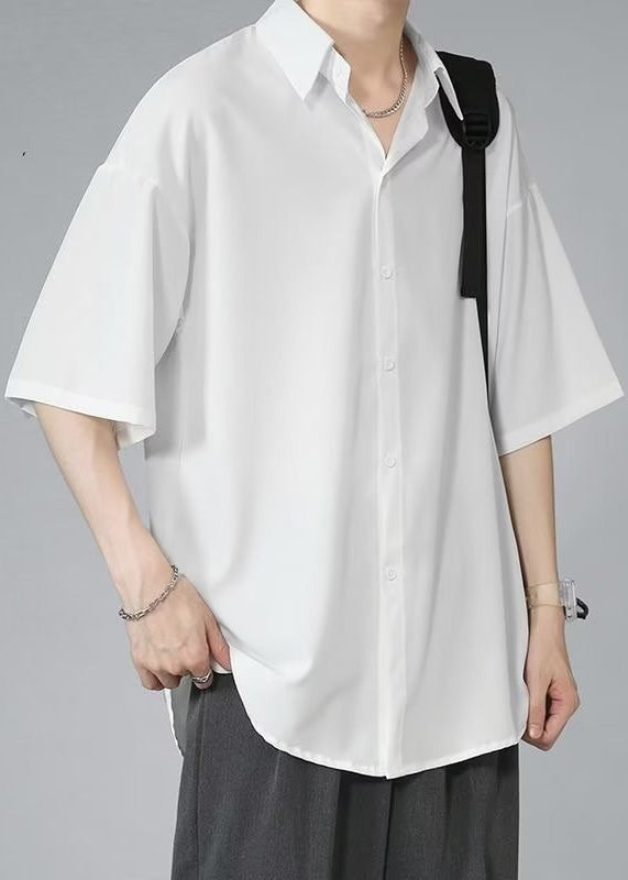 Black Half Silk Pan Ice Shirt Mens Collar Solid Peter Button FashionChic