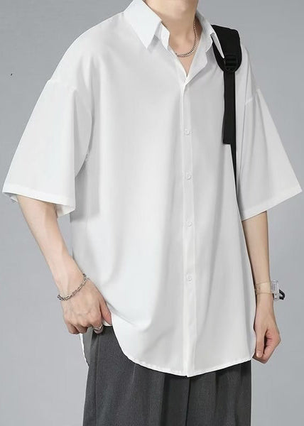 Black Half Silk Pan Ice Shirt Mens Collar Solid Peter Button FashionChic