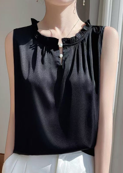 Black Blouse Silk Ruffled Button Sleeveless Solid FashionChic