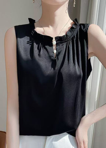 Black Blouse Silk Ruffled Button Sleeveless Solid FashionChic