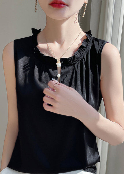 Black Blouse Silk Ruffled Button Sleeveless Solid FashionChic