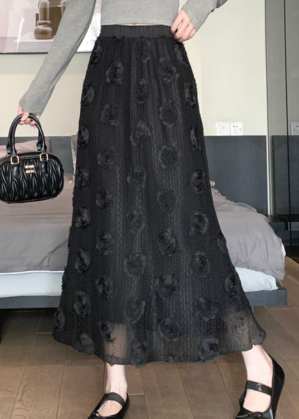 Black Chic Patchwork Cotton Skirt Elastic Waist Floral Spring QQ1054 Ada Fashion
