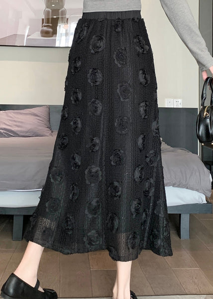 Black Chic Patchwork Cotton Skirt Elastic Waist Floral Spring QQ1054 Ada Fashion