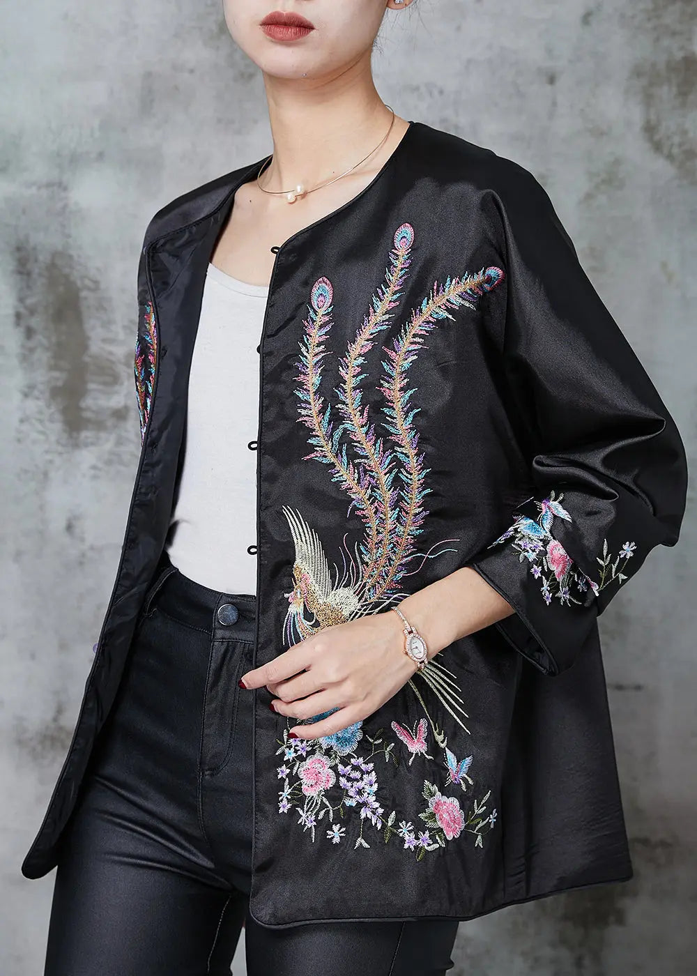 Black Chinese Style Silk Coat Embroidered Spring Ada Fashion