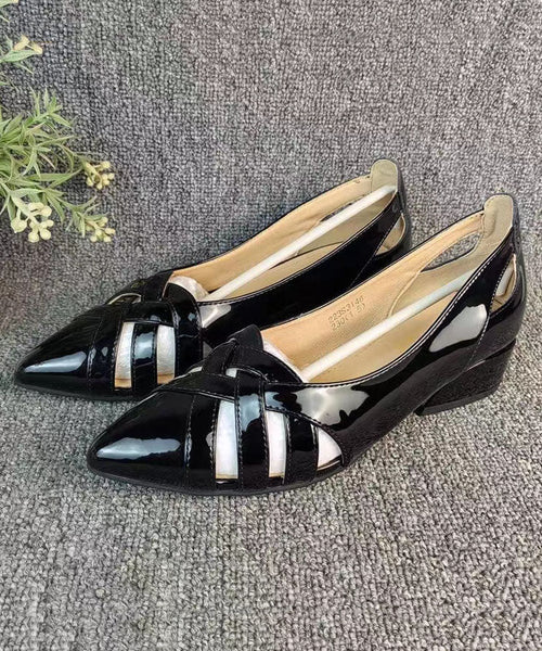 Black Chunky Faux Leather Soft Pointed Toe Peep Toe DD1006 Shoe-GGX240605