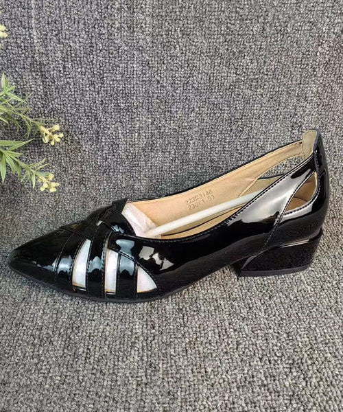 Black Chunky Faux Leather Soft Pointed Toe Peep Toe DD1006 Shoe-GGX240605