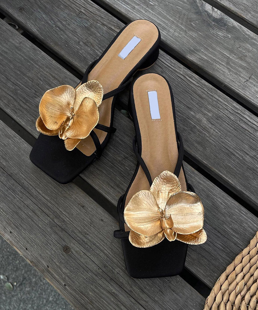 Leather Splicing Black Stylish Slide Sandals Faux Floral Chunky FashionChic