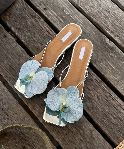 Leather Splicing Black Stylish Slide Sandals Faux Floral Chunky FashionChic