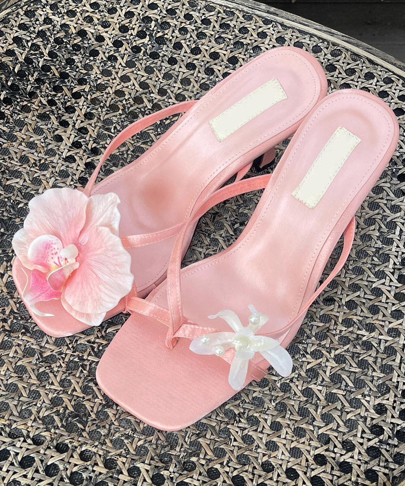 Leather Splicing Black Stylish Slide Sandals Faux Floral Chunky FashionChic