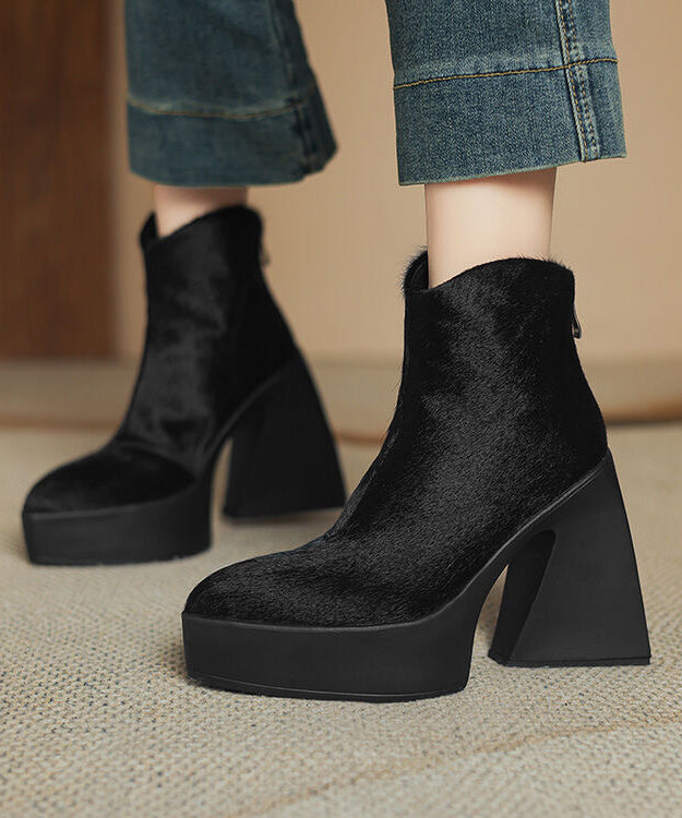 Black Chunky Heel Fashion Zippered Splicing Horsehair Boots YR036 ABC