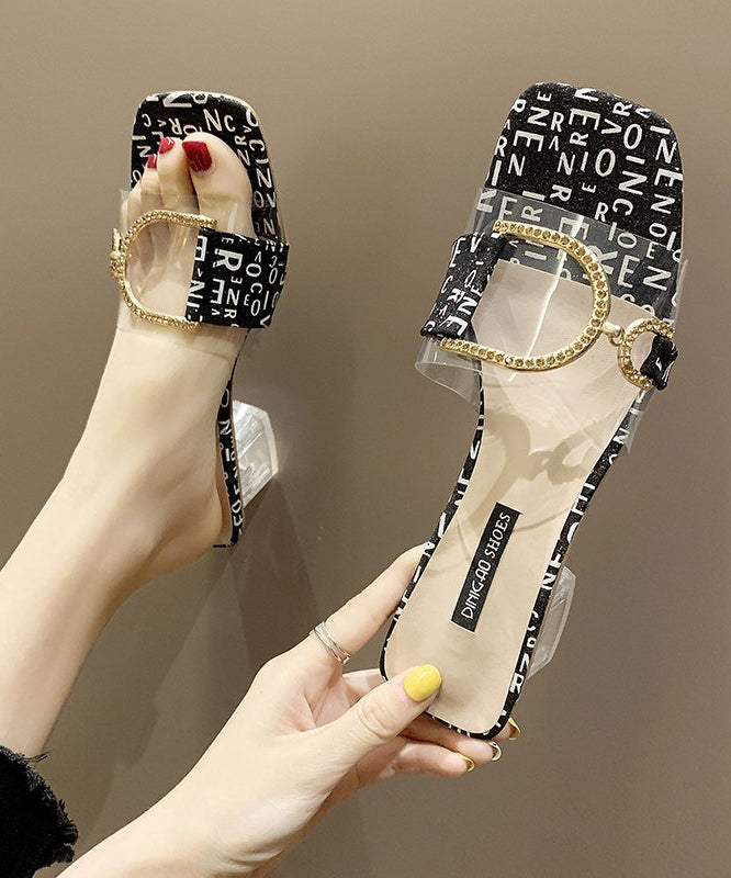 Black Chunky Heel Stylish Peep Toe Crystal Slide Sandals RT1003 Ada Fashion