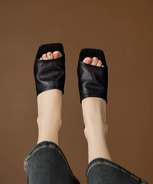 Sandals Black Sheepskin Beautiful Toe Slide Peep Chunky FashionChic