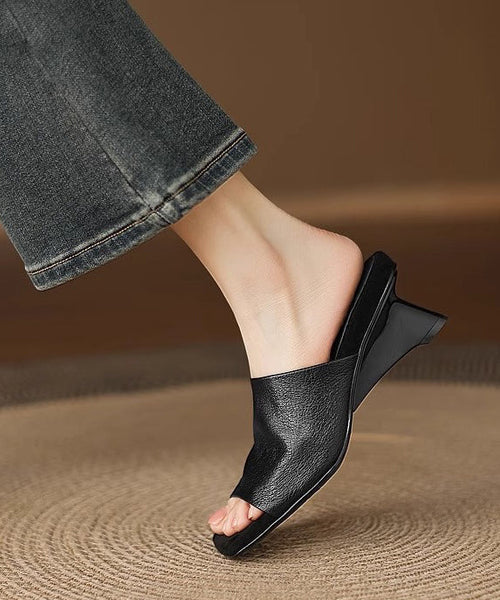 Sandals Black Sheepskin Beautiful Toe Slide Peep Chunky FashionChic