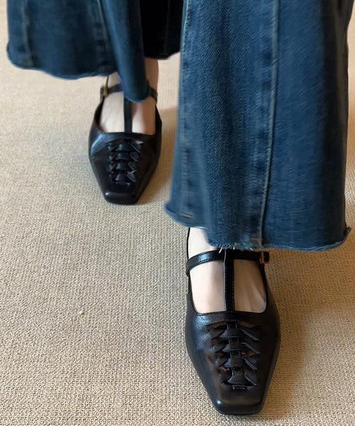 Splicing Elegant Chunky Sandals Black Slide Sheepskin FashionChic