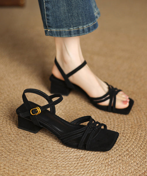 Toe Black Peep Chic Chunky Splicing Suede Sandals FashionChic