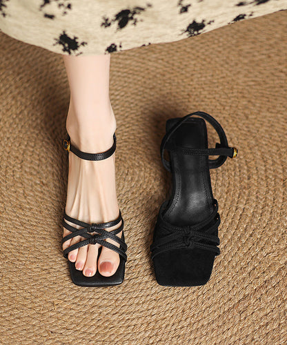 Toe Black Peep Chic Chunky Splicing Suede Sandals FashionChic
