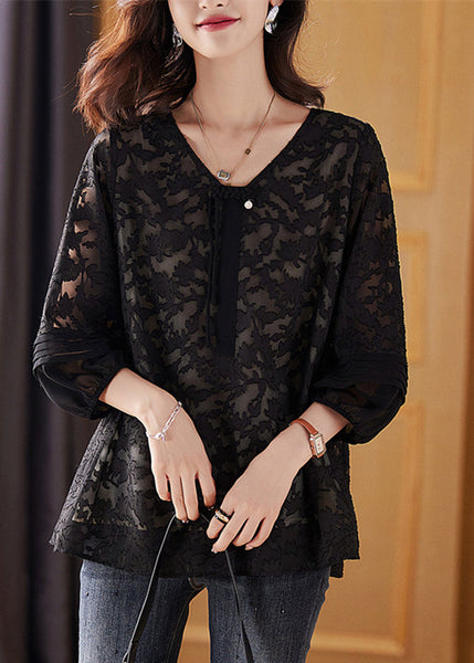Black Cinched Tassel Chiffon Shirt Fall WW044 OL-LTP240812