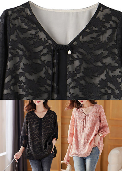 Black Cinched Tassel Chiffon Shirt Fall WW044 OL-LTP240812