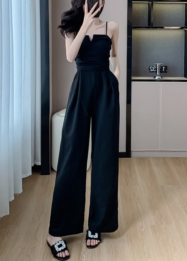 Shoulder Jumpsuits Pockets Cold Black Silk Solid Sleeveless FashionChic