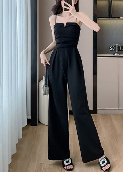 Shoulder Jumpsuits Pockets Cold Black Silk Solid Sleeveless FashionChic