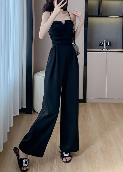 Shoulder Jumpsuits Pockets Cold Black Silk Solid Sleeveless FashionChic