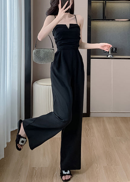 Shoulder Jumpsuits Pockets Cold Black Silk Solid Sleeveless FashionChic