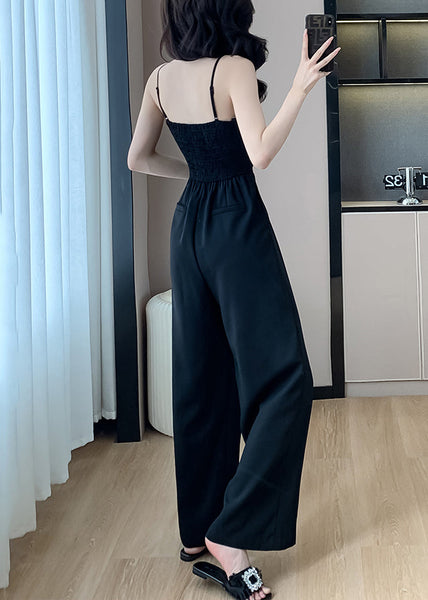Shoulder Jumpsuits Pockets Cold Black Silk Solid Sleeveless FashionChic