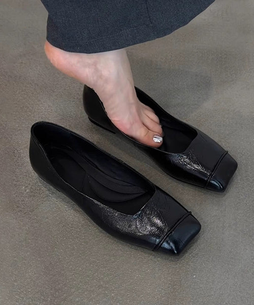 Sheepskin Flat Comfortable Black Splicing Shoes Feet Toe Square FashionChic
