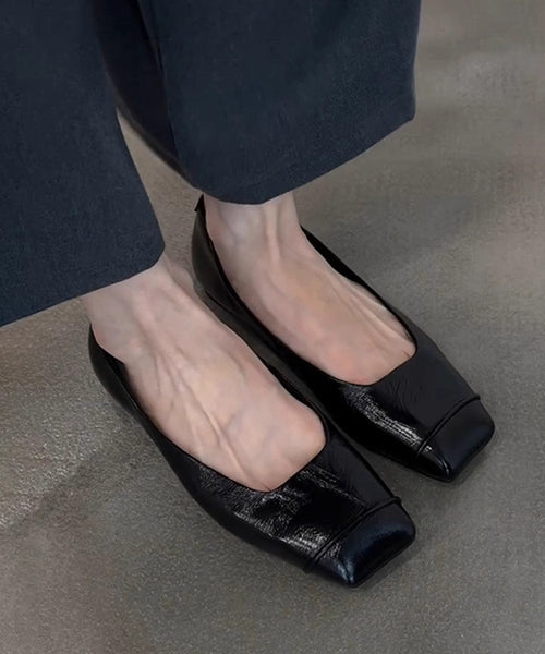 Sheepskin Flat Comfortable Black Splicing Shoes Feet Toe Square FashionChic